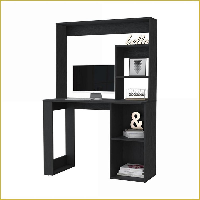 Bureau avec huche & amp; 5 tablettes, poste de travail Ryndon compact, finition wengé noir | Noir | Panneau de particules