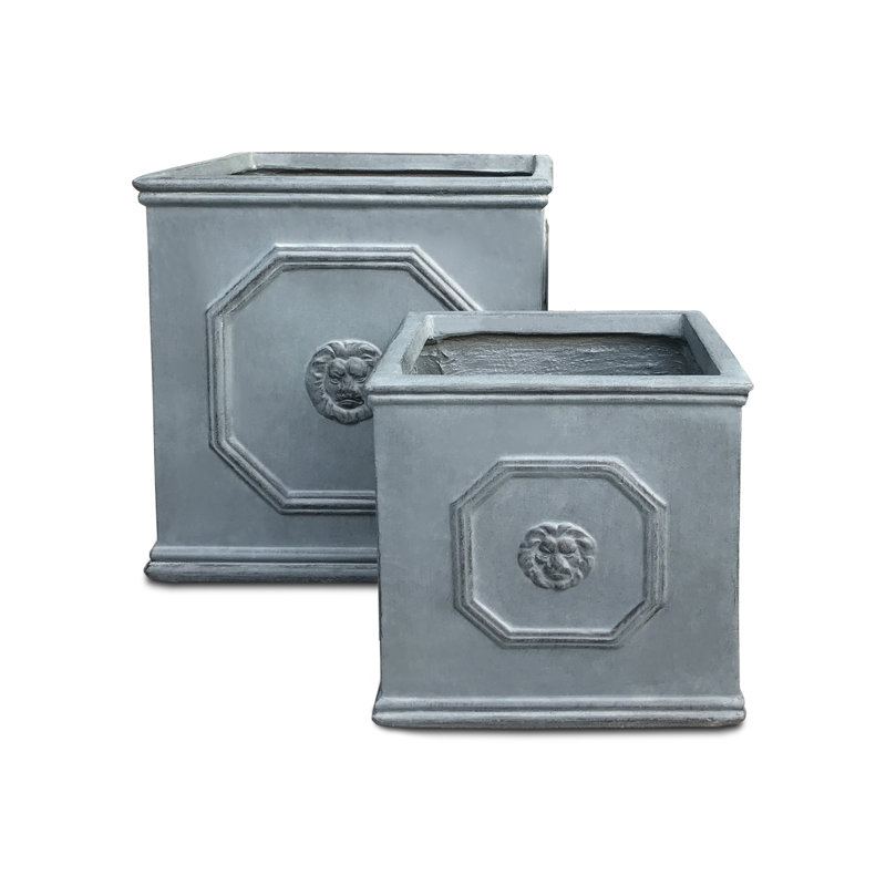 Antique Gray Concrete Lion Head Square Planter Set