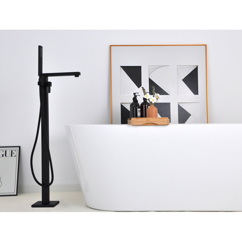 Cozyblock Floor Mount Bathtub Faucet Freestanding Tub Filler Standing High Flow Shower Faucets Mixer Tap, Swivel Square Spout With Square Handheld | Modern Design Tub Filler Faucet (Matte Blackl)