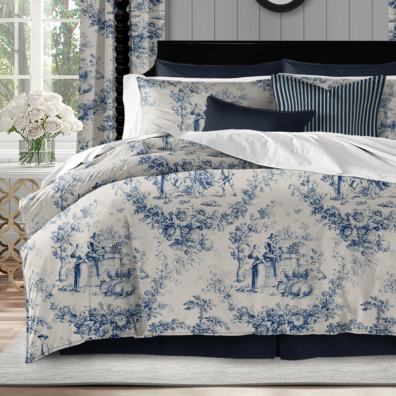 Ensemble d'édredon en coton ivoire / bleu marine Provence, Édredon double et 2 taies décoratives