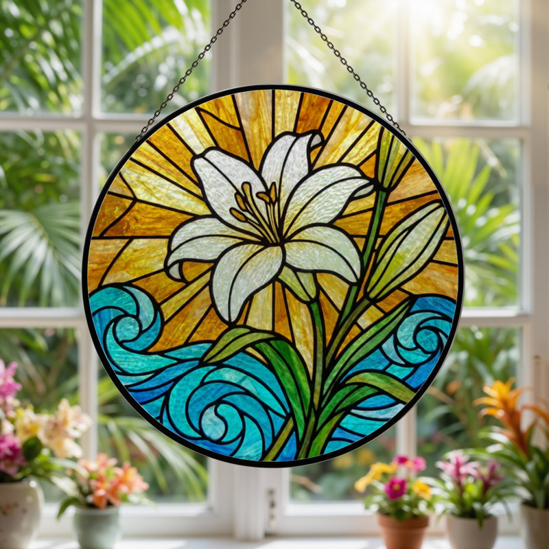 7.8"H Lily Waves Stained Glass Window Panel, 7.8" H x 7.8" W