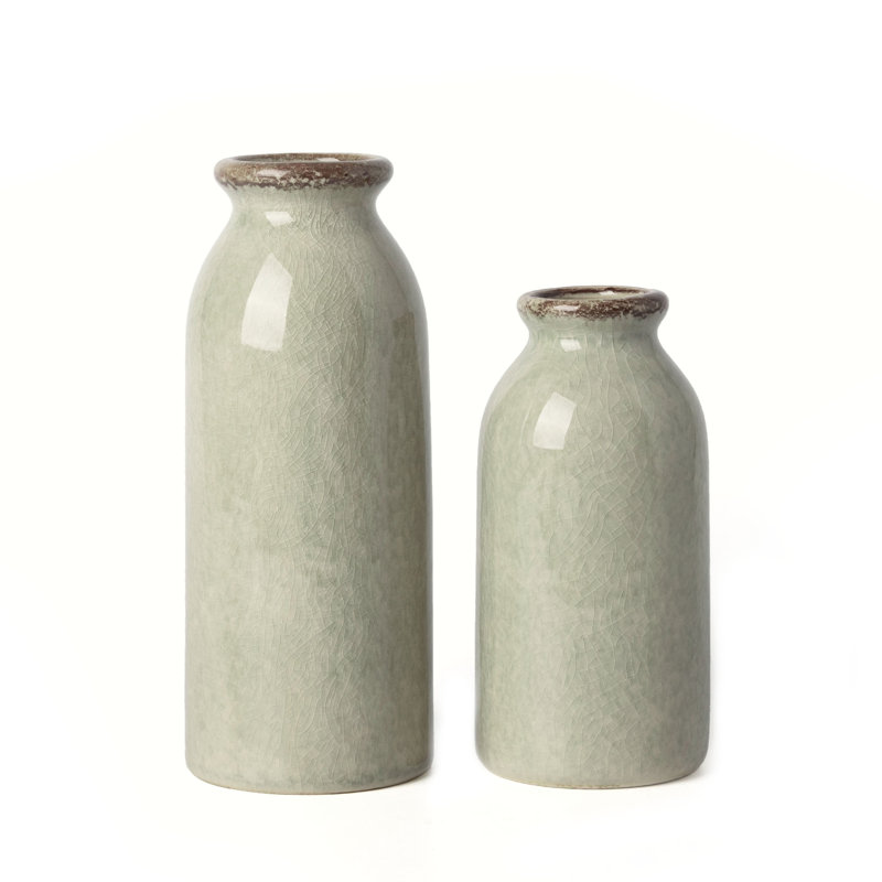 6.1-7.9 Inch 2 Pcs Rustic Ceramic Vase Set, Green