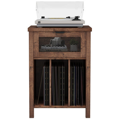 Aust Record Player Stand With Drawer, End Table With 2 Adjustable Dividers For Living Room, Bedroom, Office
