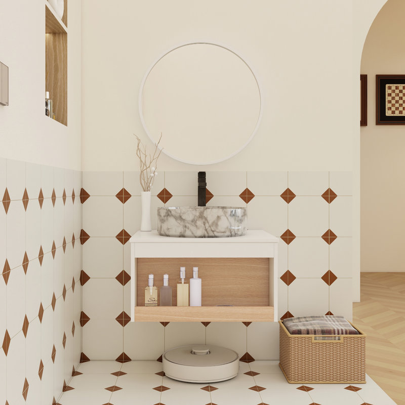 Meuble-lavabo flottant 24 po avec lavabo vasque rond et tablette ouverte 24 po, Marbre veiné gris