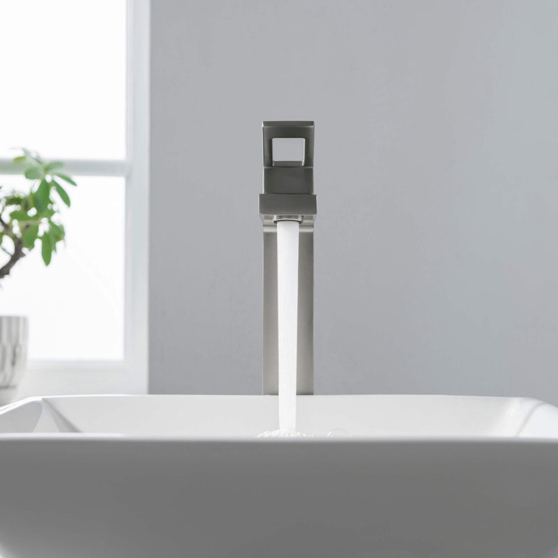 Robinet de lavabo de vasque cube avec ensemble de bonde optionnel, Nickel brossé, Sans bonde escamotable