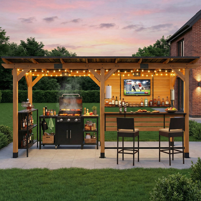 6 Ft. X 14 Ft. Cedar Wood Outdoor Entertainment Gazebo Bar With Hardtop Galvanized Steel Roof, Bar Table And Foot Rest Rail, Metal Storage Cabinet