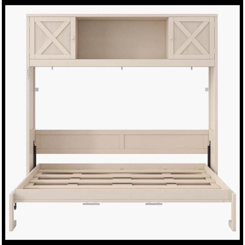 Grand lit escamotable beige avec armoires de rangement attachées, Beige