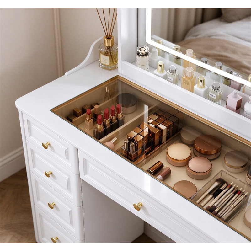 Dressing table, wooden dressing table with mirror and light - modern makeup dressing table with 9 drawers, storage rack, and cushioned stool - suitable for bedrooms, dormitories, or home beauty stations