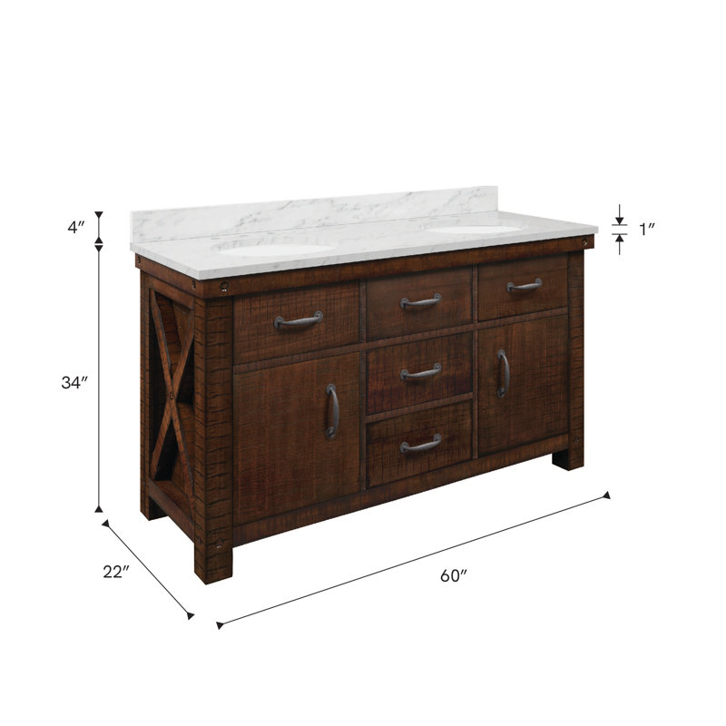 Aberdeen 60'' W Double Vanity, Carrara White, Rustic Sienna