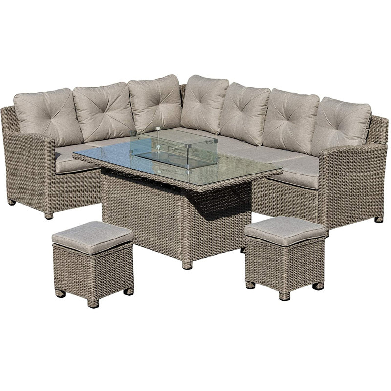 Hulme Rattan Garden Furniture with Fire Pit and Waterproof Cover Grey