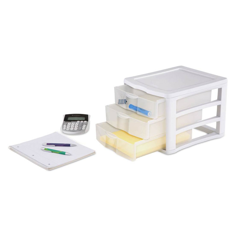 Sterilite Clear Plastic Stackable Small 3 Drawer Storage System, White