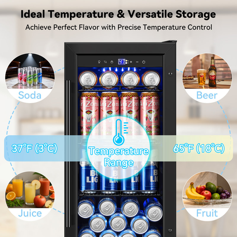 15 Inch Built-in/Freestanding Beverage Refrigerator Cooler 130 Can Beer Cooler Mini Beer Drink Fridge with Glass Door and Lock Under Counter Black Classic Series