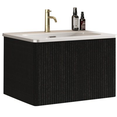 24" Bathroom Vanity - Striped Brushed Black Oak, White Ceramic Sink Glamour Modern Trendsetting Piece