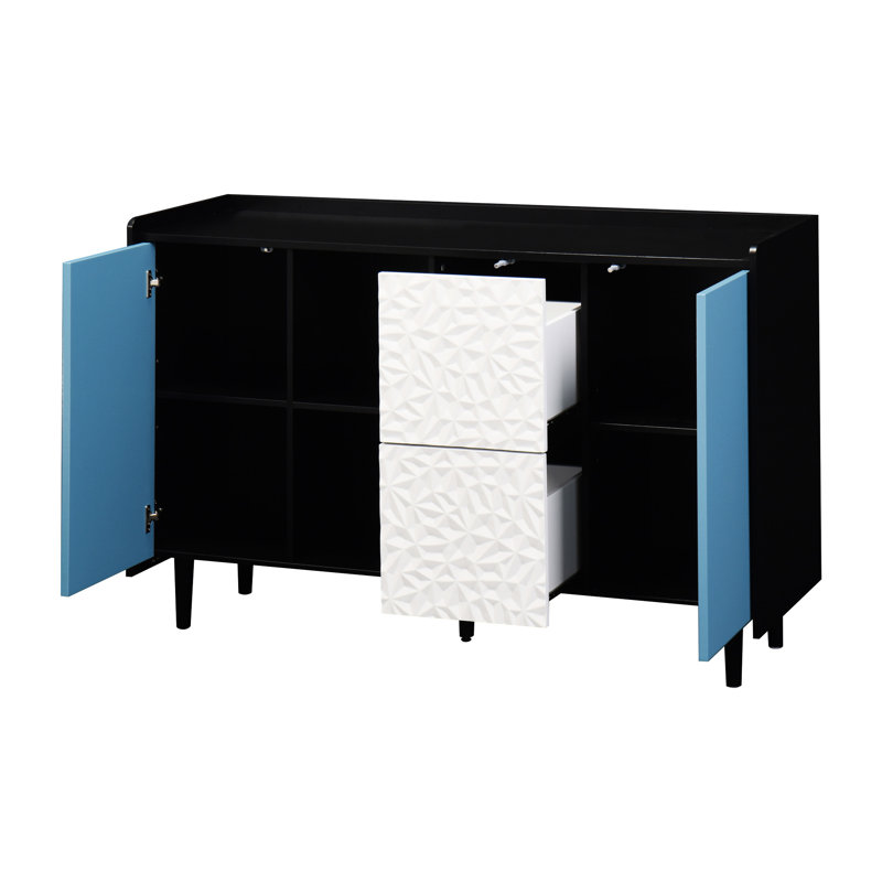 Buffet avec portes noires et bleues, 2 tiroirs et rangement ouvert pour la cuisine, Bleu / Noir