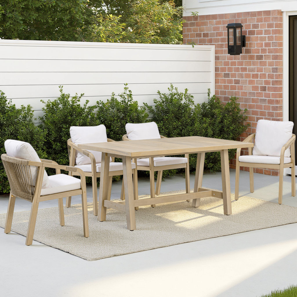 George Oliver 5 Piece Wooden Outdoor Dining Set With Cushions, Natural Eucalyptus Wood