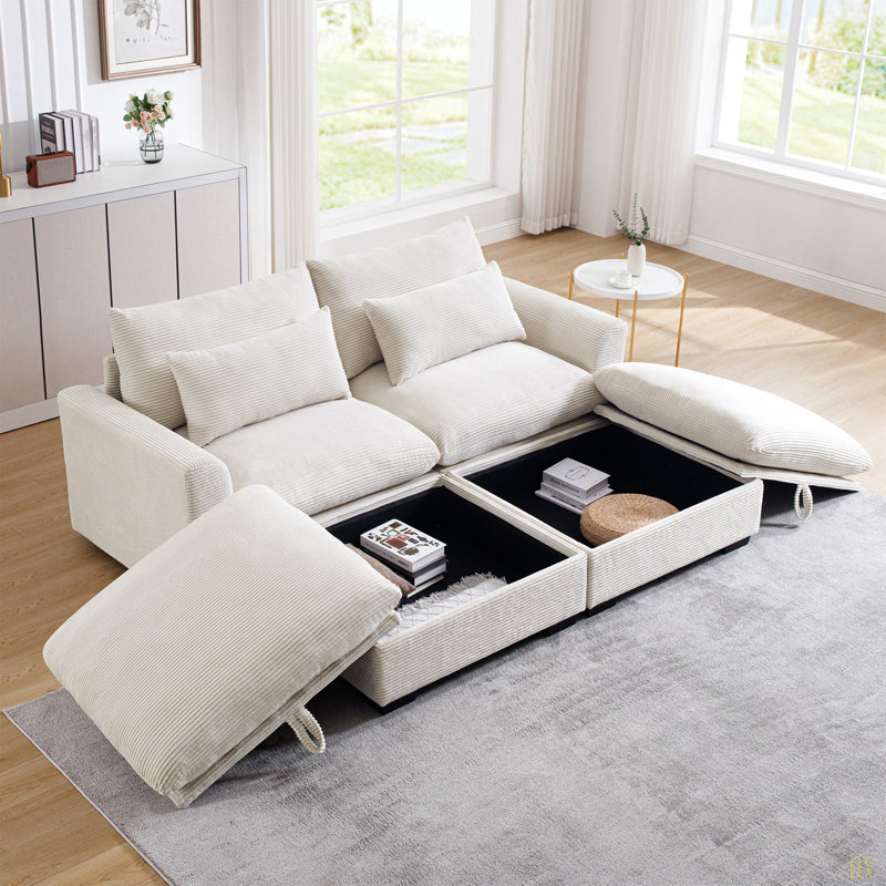 Canapé à deux places Corduroy avec 2 repose-pieds de rangement, canapé modulaire à 2 places à assise profonde, fauteuils confortables