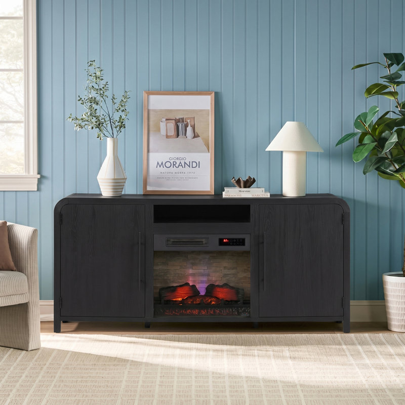 Chantelle 70” Modern Curved TV Stand with duraflame® Smart Electric Fireplace, Alexa Voice & App Control, Black, Black
