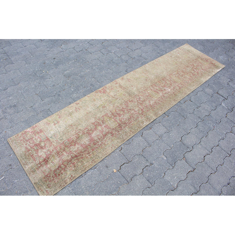 Tapis de couloir vintage turc Oushak avec frange vert pâle pour la cuisine
