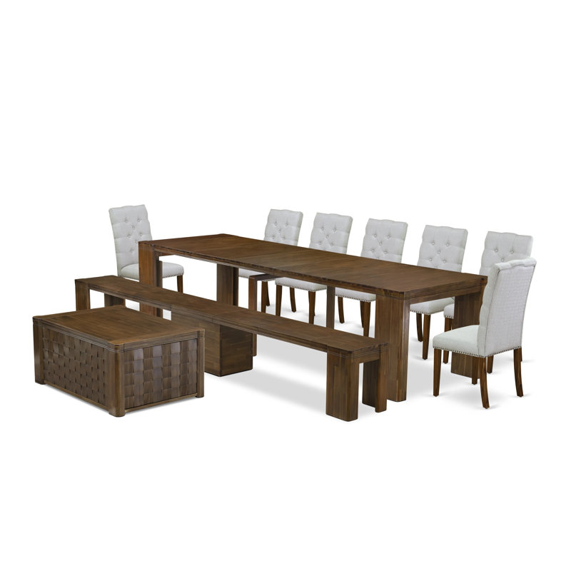 10 Pieces Kitchen Table Set contains an Extendable Rectangle Kitchen Table, 1 Coffee Table, 7 Dining Chairs and 1 Modern Bench, Antique Walnut
