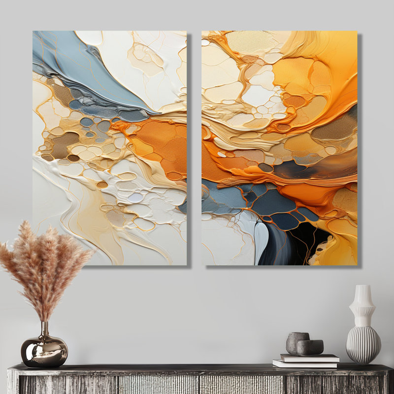 «Orange Blue Line Art Abstract Expressionism», reproduction d'art sur toile, ensemble abstrait d'art mural orange