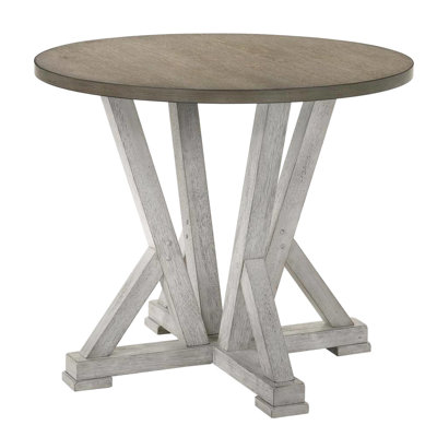 Table de salle à manger à hauteur de comptoir rustique, finition blanc antique / brun cendré, bois massif, placage de chêne noueux, sièges pour 4 personnes, base à piédestal avec support en bois et bicolore, sièges pour 4