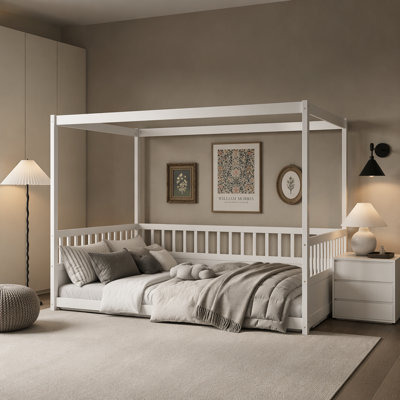 Cadre de lit à baldaquin pour enfants avec garde-corps, conception à quatre affiches, idéal pour créer un espace de sommeil magique et sécuritaire pour les enfants