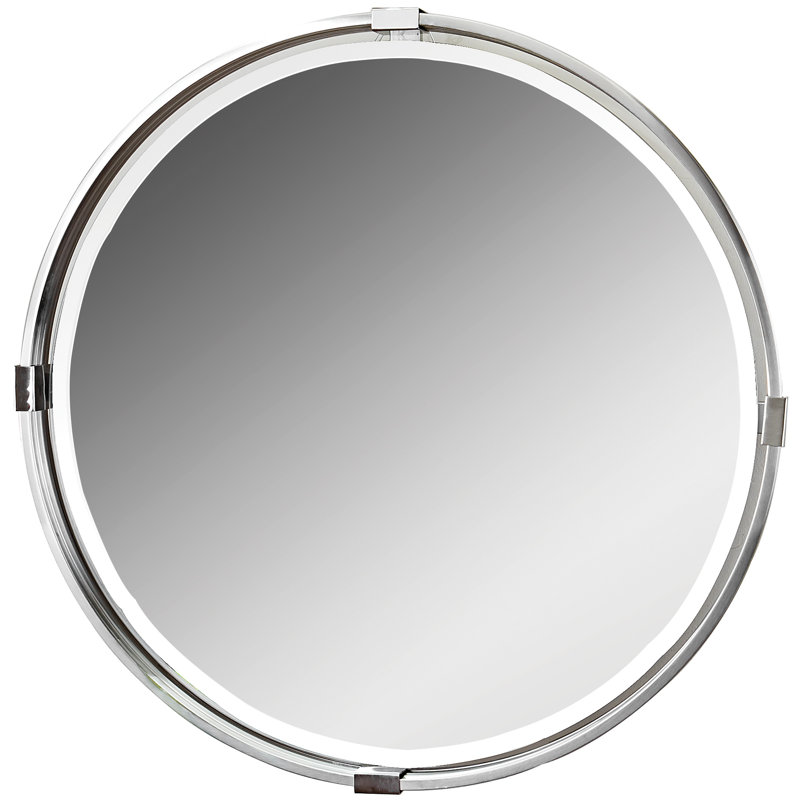 Transitional Silver Round Wall Mirror with Beveled Edge