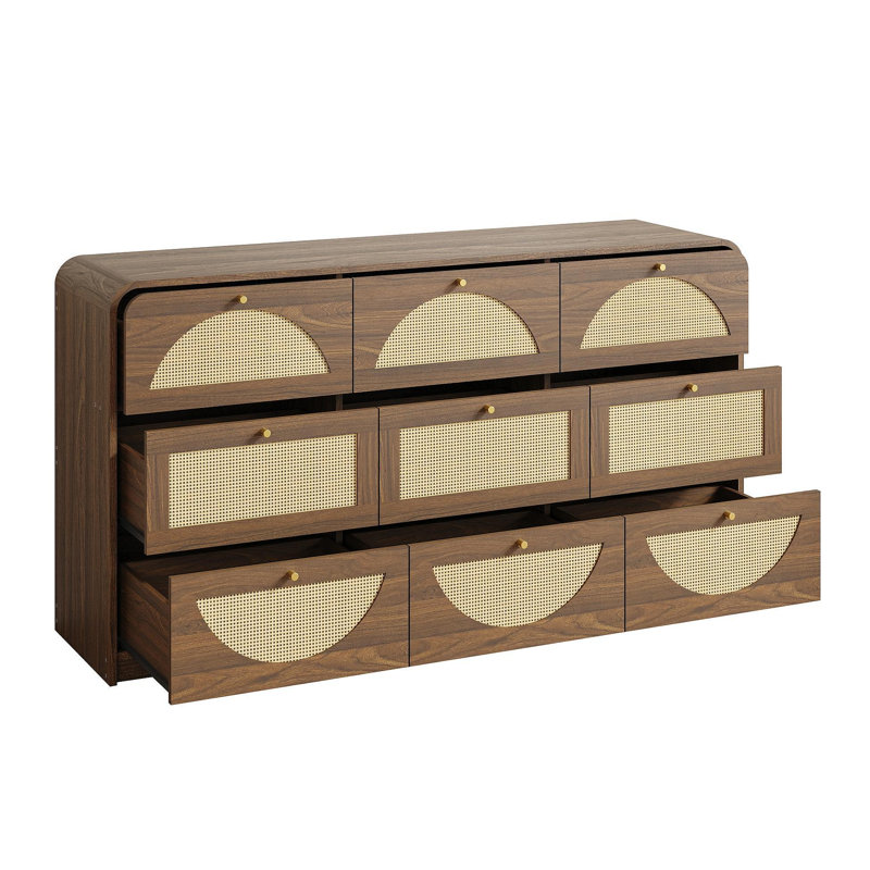 Commode 9 tiroirs à finition noyer avec façade en rotin, commode à panneaux de particules larges, armoire de rangement moderne pour le salon de la chambre à coucher, cadre robuste et grande capacité