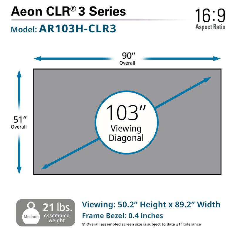 Aeon CLR 3 Series Fixed Frame Wall Mounted Projector Screen, 50.2" H x 89.2" W