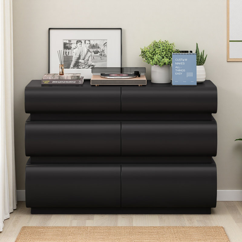 Commode 6 tiroirs pour chambre à coucher, commode sans poignée, commode moderne 6 tiroirs avec rangement large, Noir