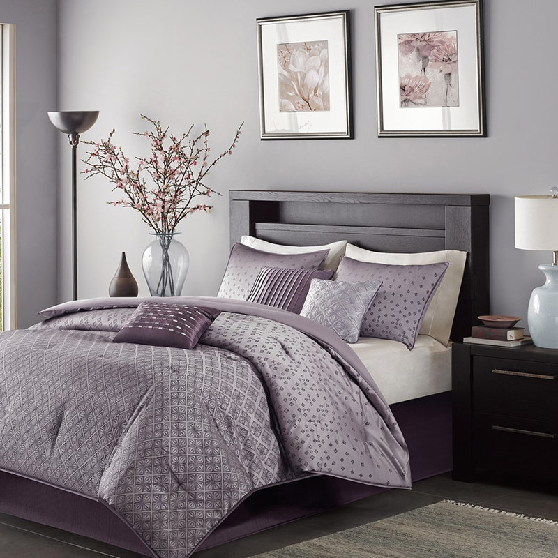 King Size Purple Comforter - Look, Reverse, Washable & 7 Piece Design, Fill, Machine, Purple