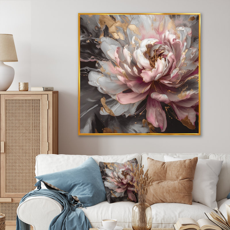 " White Pink Peonies Blooming ", 30" H x 30" W x 1" D, Gold Floater Framed