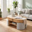 Table basse ovale en chêne 47 po avec 4 tabourets rembourrés Elyza, table de cocktail multifonctionnelle en bois avec rangement dissimulé et tablettes ouvertes, conception emboîtable peu encombrante, résistante aux égratignures