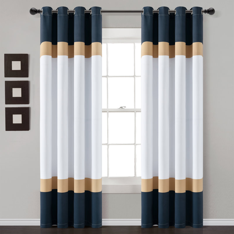 Alexander Navy and Gold Color Block Polyester Curtain Pair