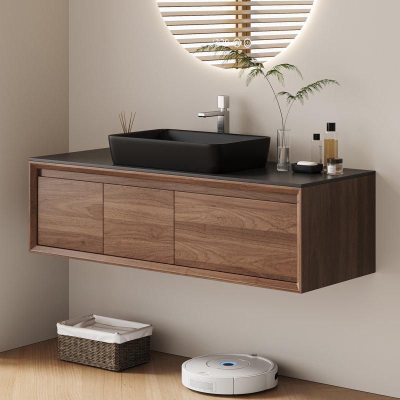 Meuble-lavabo flottant moderne de 48 pouces avec lavabo vasque en céramique noire, meuble-lavabo mural en bois massif, armoire de salle de bain murale pré-assemblée