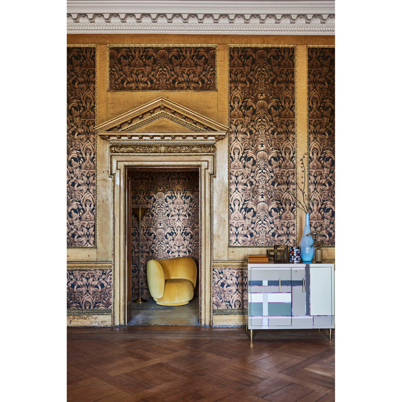 Damask Wallpaper Roll, Metallic Bronze/Charcoal
