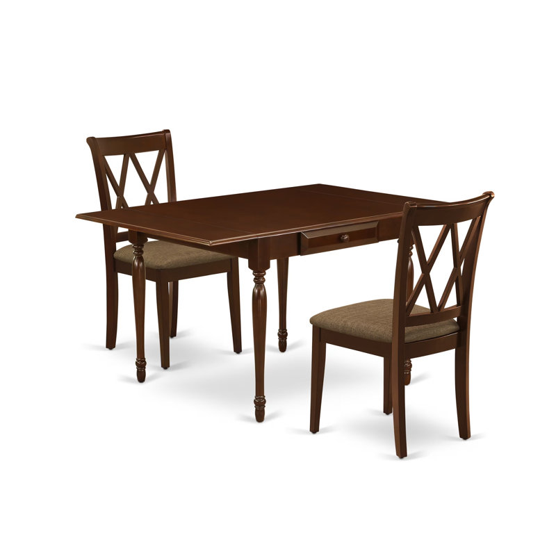 L'ensemble de table de salle à manger 3 pièces pour petits espaces contient une table de salle à manger rectangulaire avec Dropleaf et 2 chaises rembourrées en tissu de lin, 36 x 54 pouces, acajou