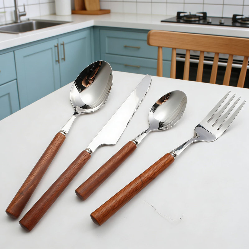 Ensemble de couverts en acier inoxydable avec poignée en bois, couverts de style rétro 16 pièces pour steak, dessert et repas de tous les jours