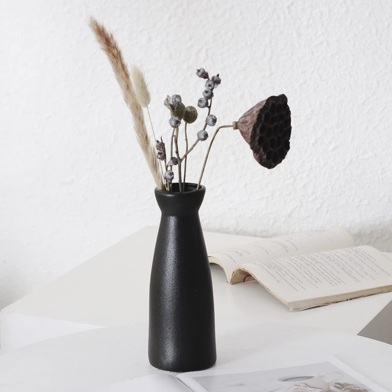 3Pcs 8.3" Boho Ceramic Vases, Distressed Decor for Table & Shelf, Black