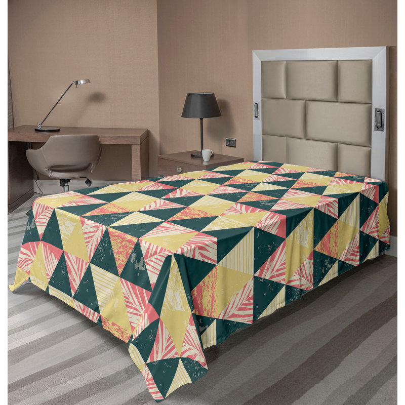 Drap plat Ambesonne, Drap plat pour lit simple TG, Bleu sarcelle foncé, rose / géométrique