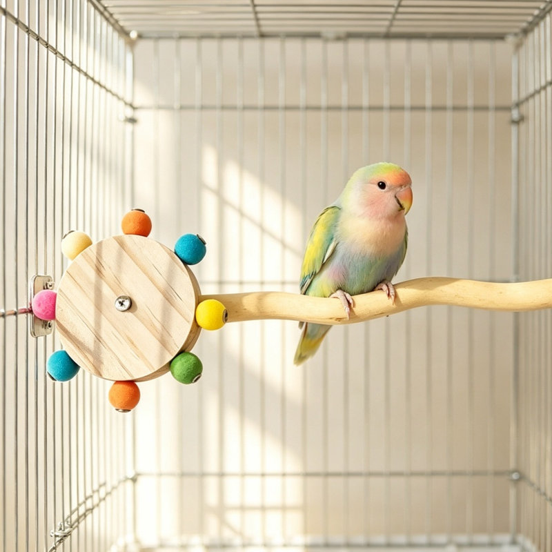 Perchoir à perroquet, perchoir à percher en bois naturel ondulé avec roue à billes colorée rotative, jouet à mâcher interactif à monter en cage pour les petits et moyens perroquets