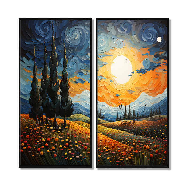 Vangogh, le cyprès se balançant IV - Vangogh, grandes impressions sur toile 2 panneaux, H 40 po x l 40 po, Noir