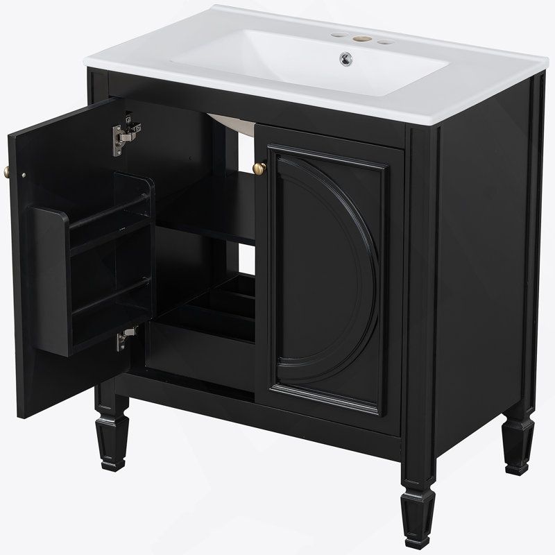 Bathroom Vanity With Ceramic Sink, Storage Drawer And Soft Close Doors, Black
