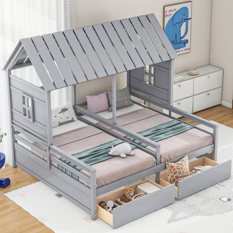 Structure de lit House, lit plateforme avec deux tiroirs de rangement, Gris