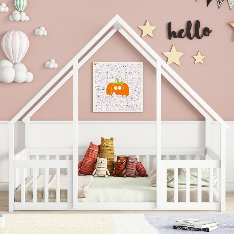 Lit double en bois en forme de maison avec clôture, garde-corps, Blanc