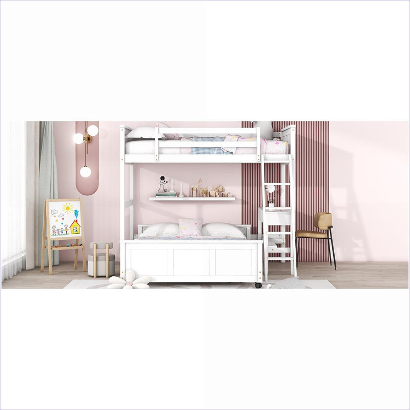 Lit superposé simple au-dessus d'un lit double avec bureau sous le lit, pas de sommier blanc requis pour une petite chambre à coucher