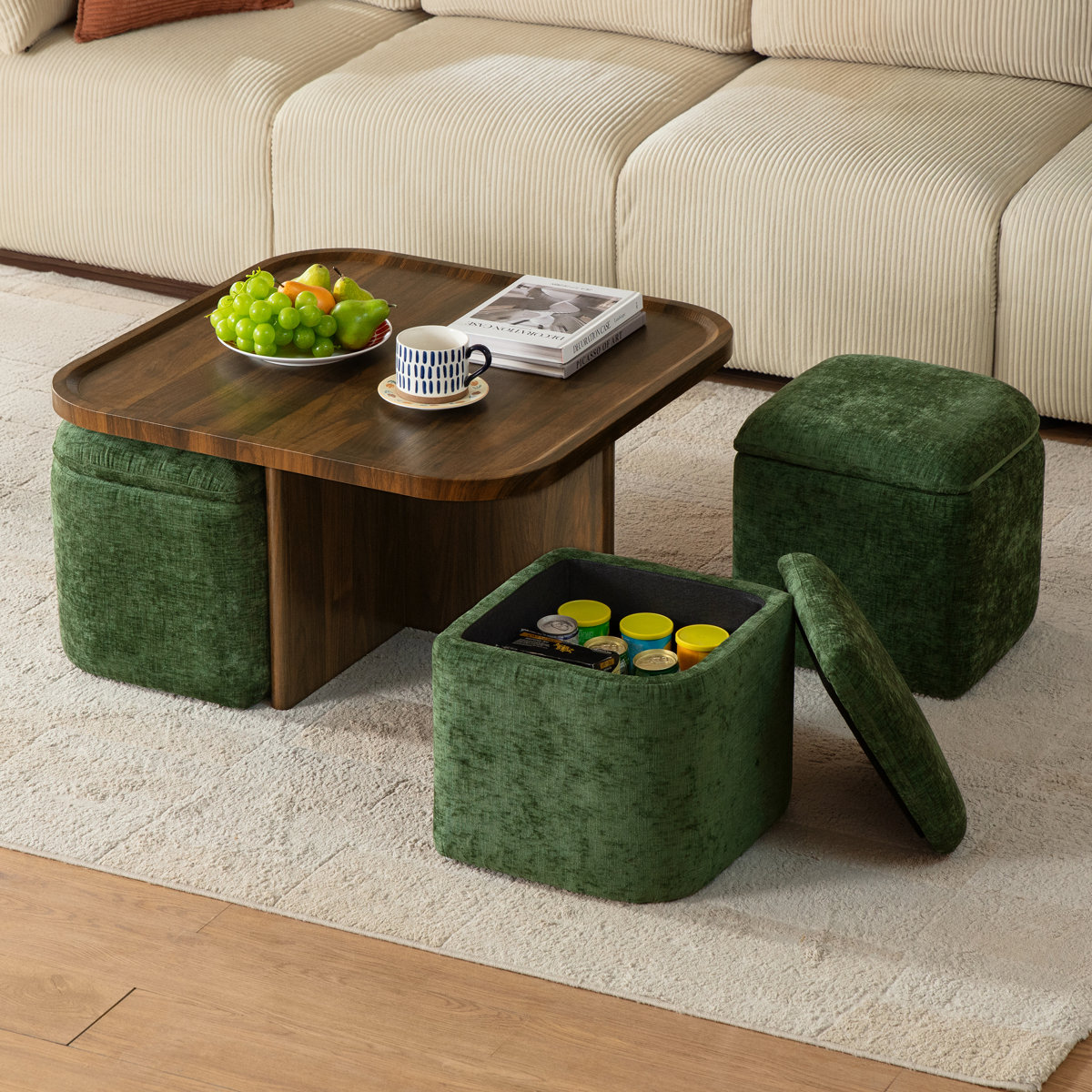 Coffee Table With 4seat Storage, Mid-century Modern Coffee Tables With 4 Chenille Ottomans , Center Table