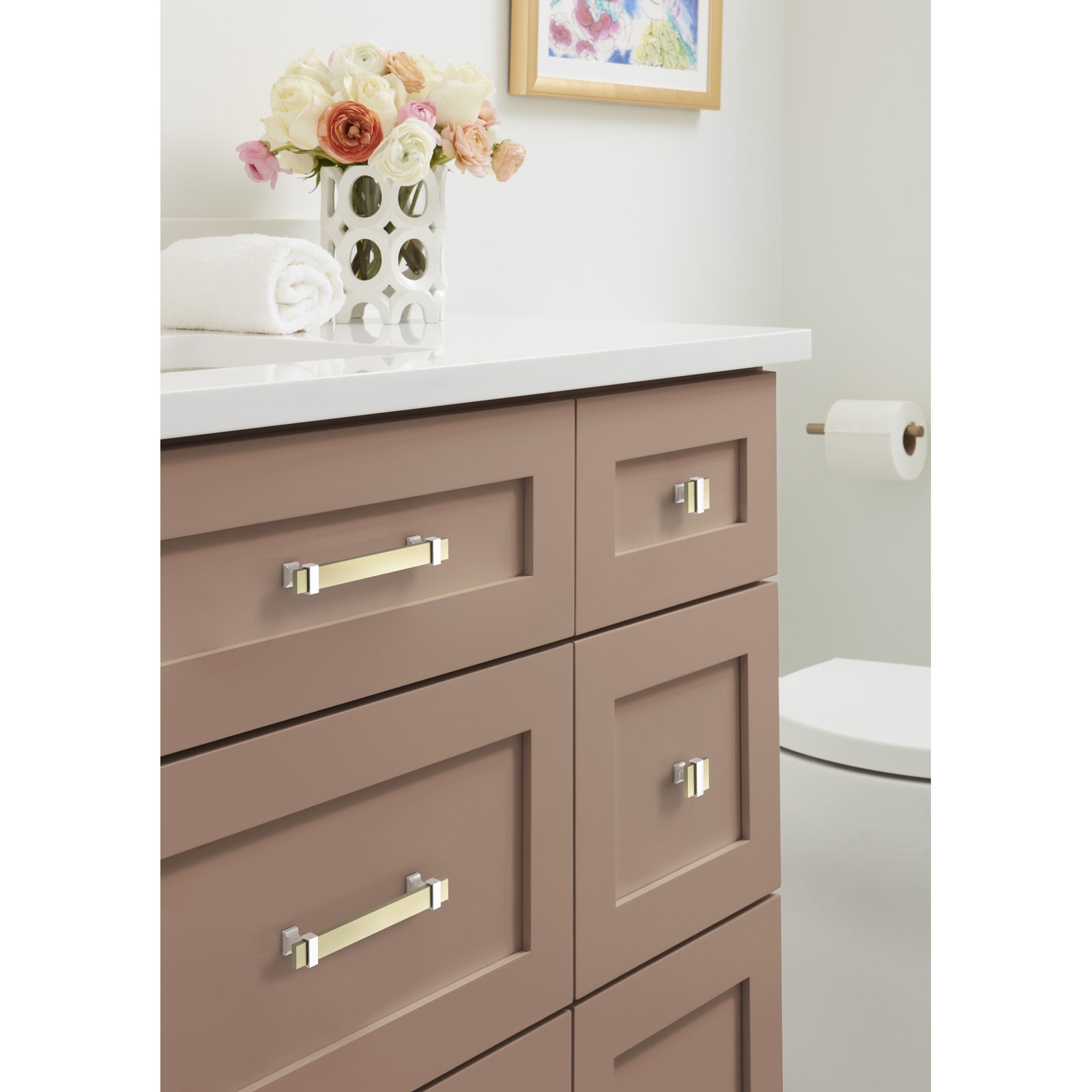1-3/8" Length Square Knob, Golden Champagne/Satin Nickel