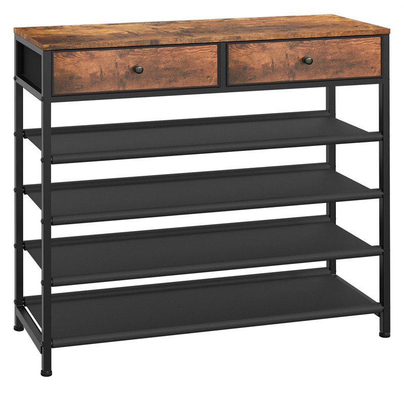 Rustic Brown 5-Tier Shoe Rack with Fabric Shelves and Wooden Top