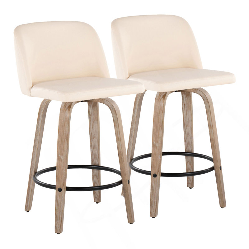 Tabouret de comptoir de style moderne Mid-Century avec pivot en bois blanchi et en similicuir crème avec repose-pieds rond noir en métal de 26 po Toriano par Lumisource - ensemble de 2